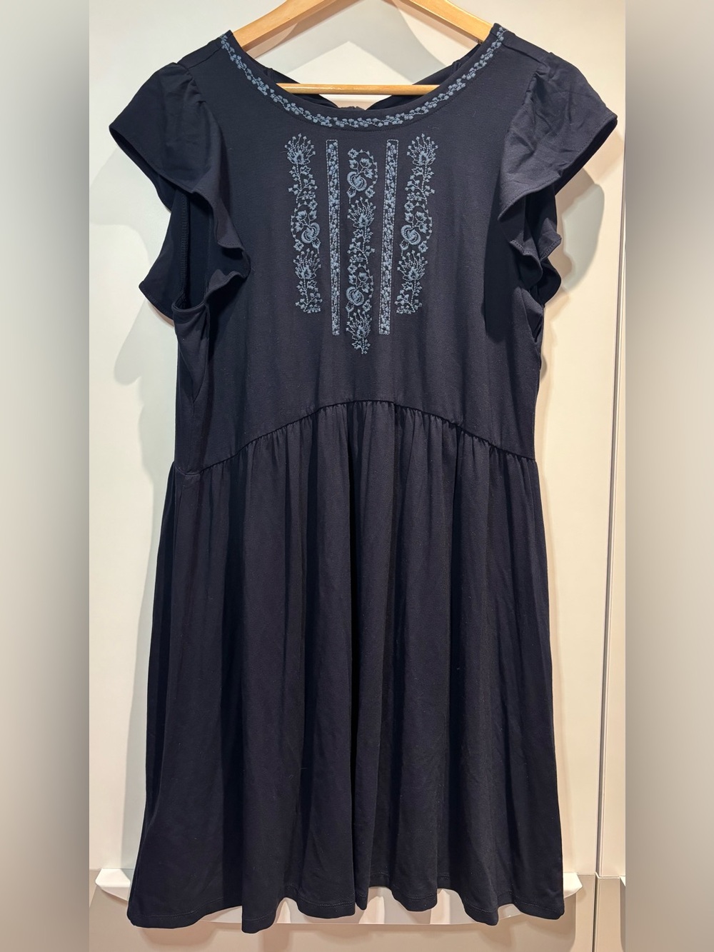 LOFT Navy Embroidered Flutter Sleeve Swing Babydoll Dress - Small